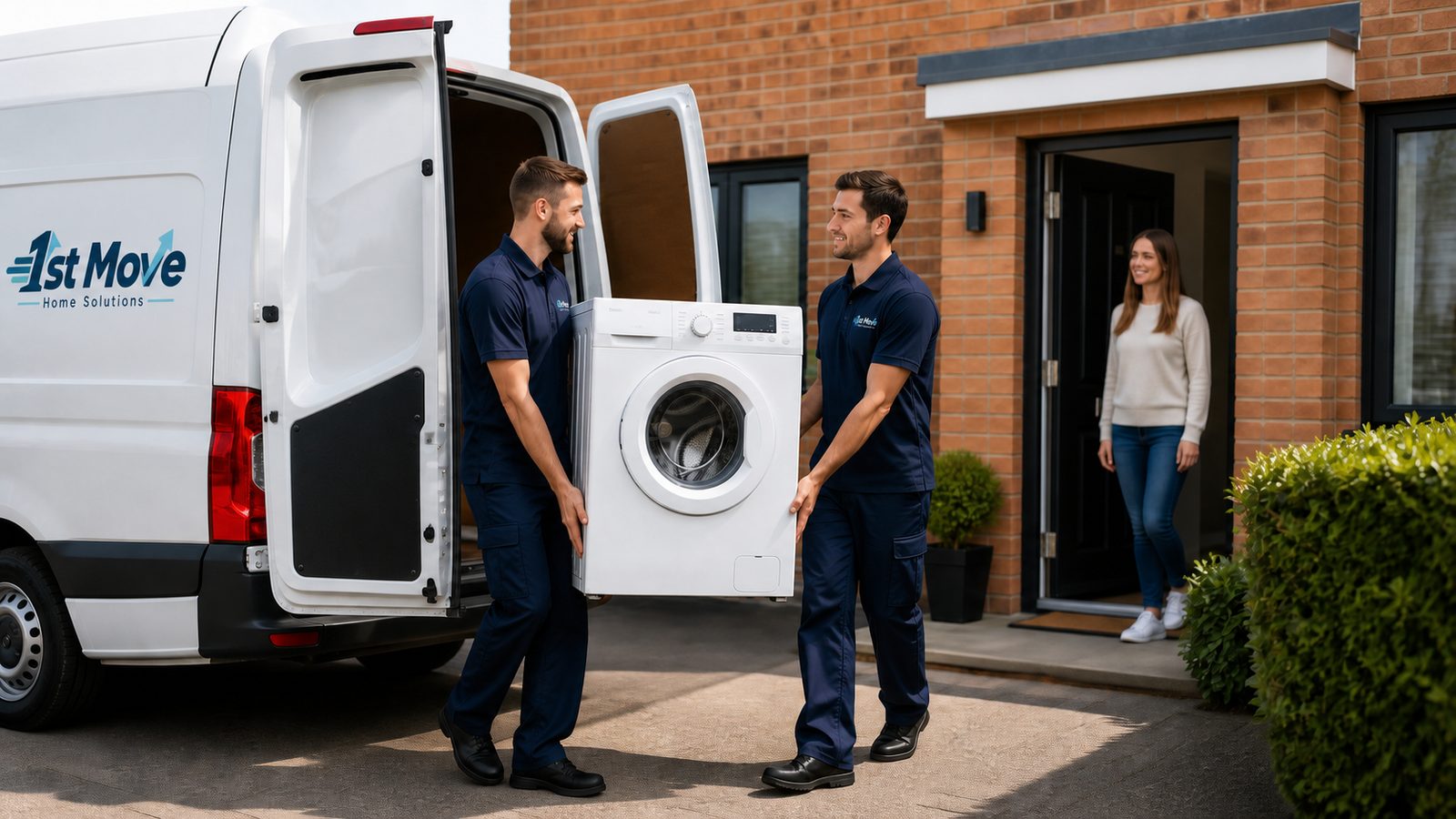 Delivery team bringing a white washing machine to a home