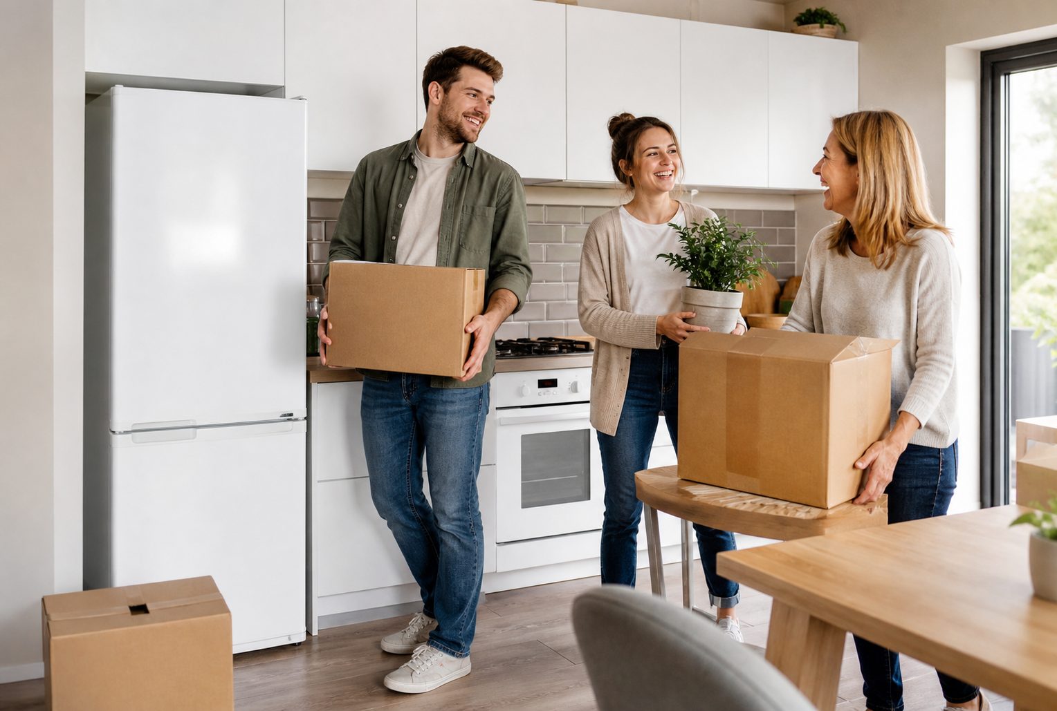 Family helping first-time buyers move into their new home