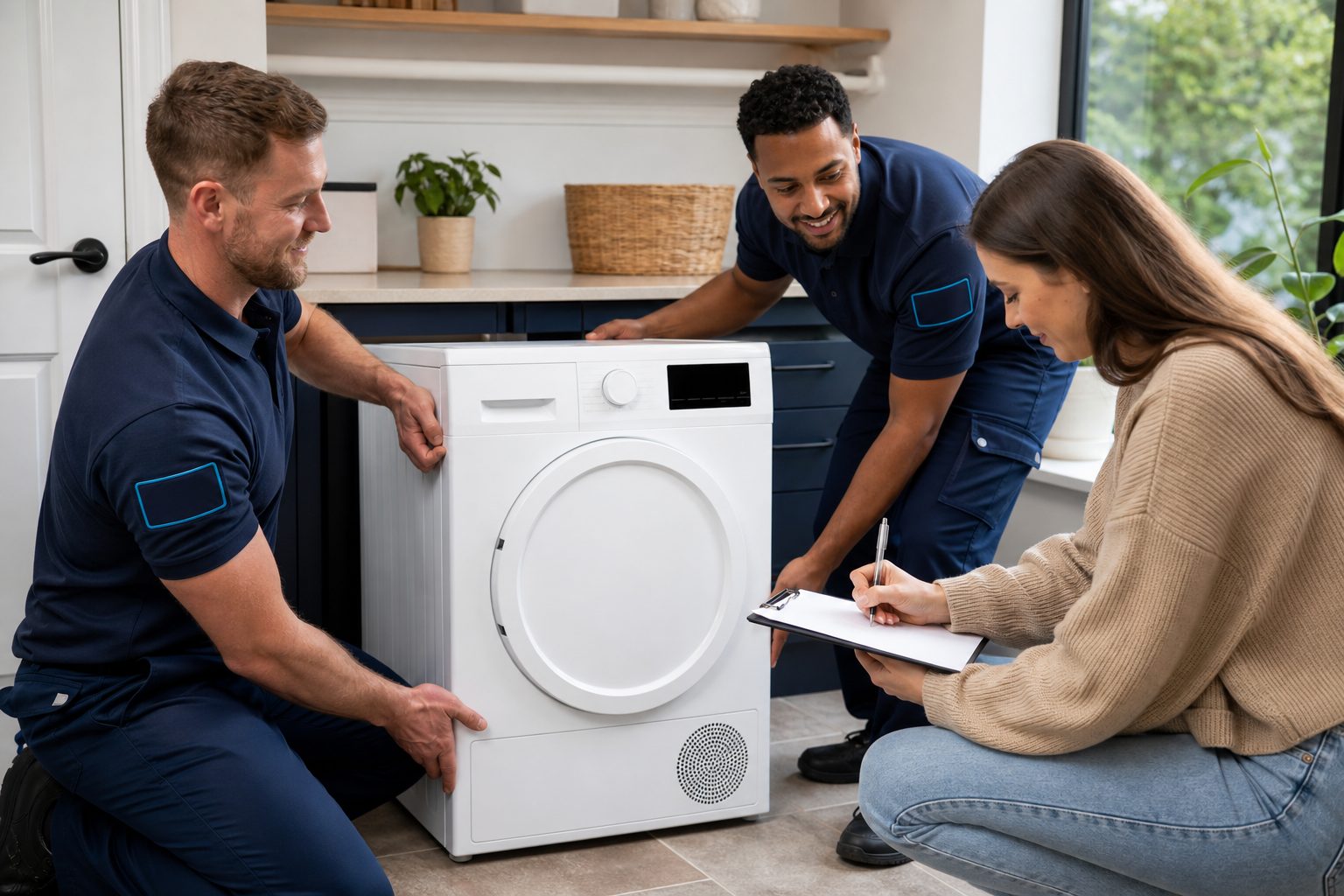 Team installing a white tumble dryer while customer signs the agreement