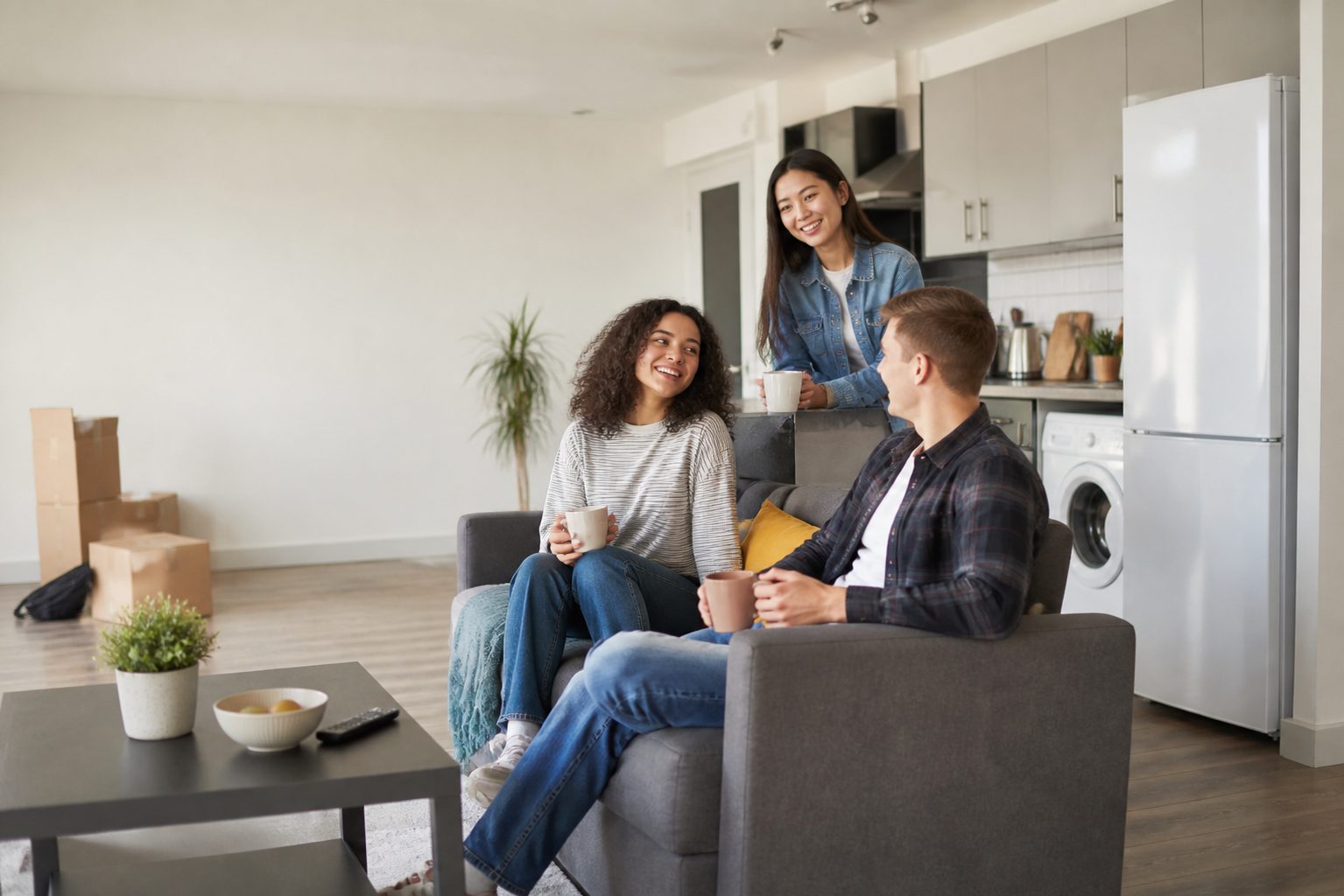 Students relaxing in a bright rented home with white appliances